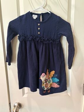 Mud Pie Navy Long-Sleeve Dress with Embroidered Bird